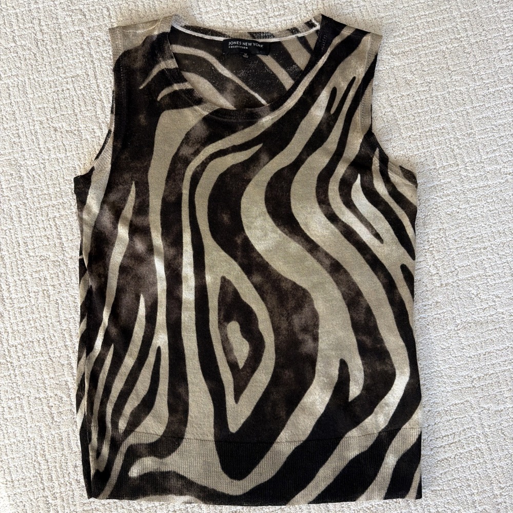 Jones New York Zebra Print Sleeveless Lightweight Sweater Sz M Wool Blend